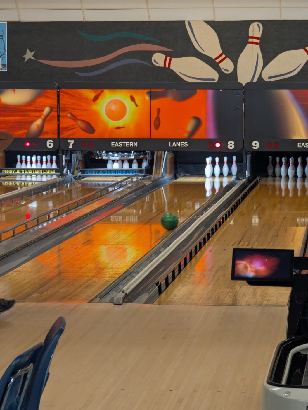 Bowling lanes lit up at Penny Jo's during the party