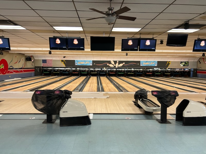 View down the bowling lanes at Penny Jo's