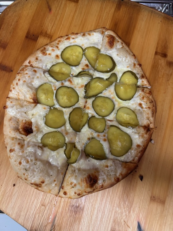 Pickle pizza fresh from the kitchen